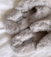 Load image into Gallery viewer, Grey Faux Fur Cross Slide Slippers