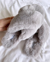 Load image into Gallery viewer, Grey Faux Fur Cross Slide Slippers